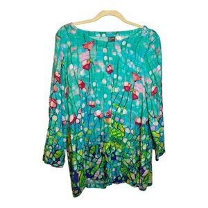 Art by Dolcezza Blouse women's Size XL Floral Smocked Green